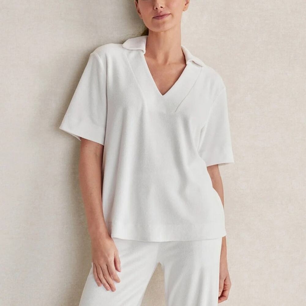 Haven Well Within Cotton Terry Cloth Johnny Collar Top White Womens Medium